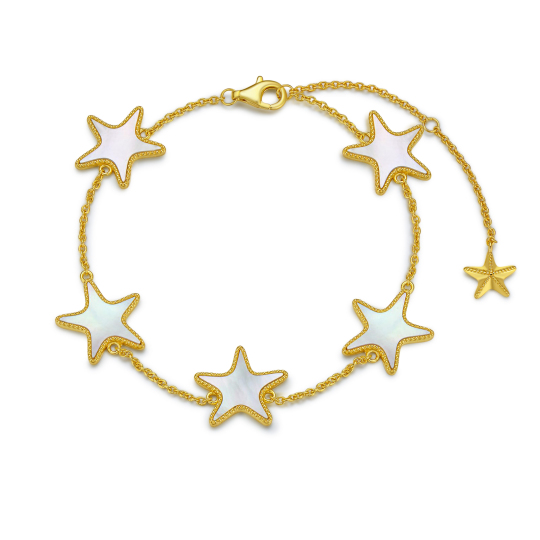 Sterling Silver with Yellow Gold Plated Five-Pointed Star Shaped Mother Of Pearl Starfish Pendant Bracelet
